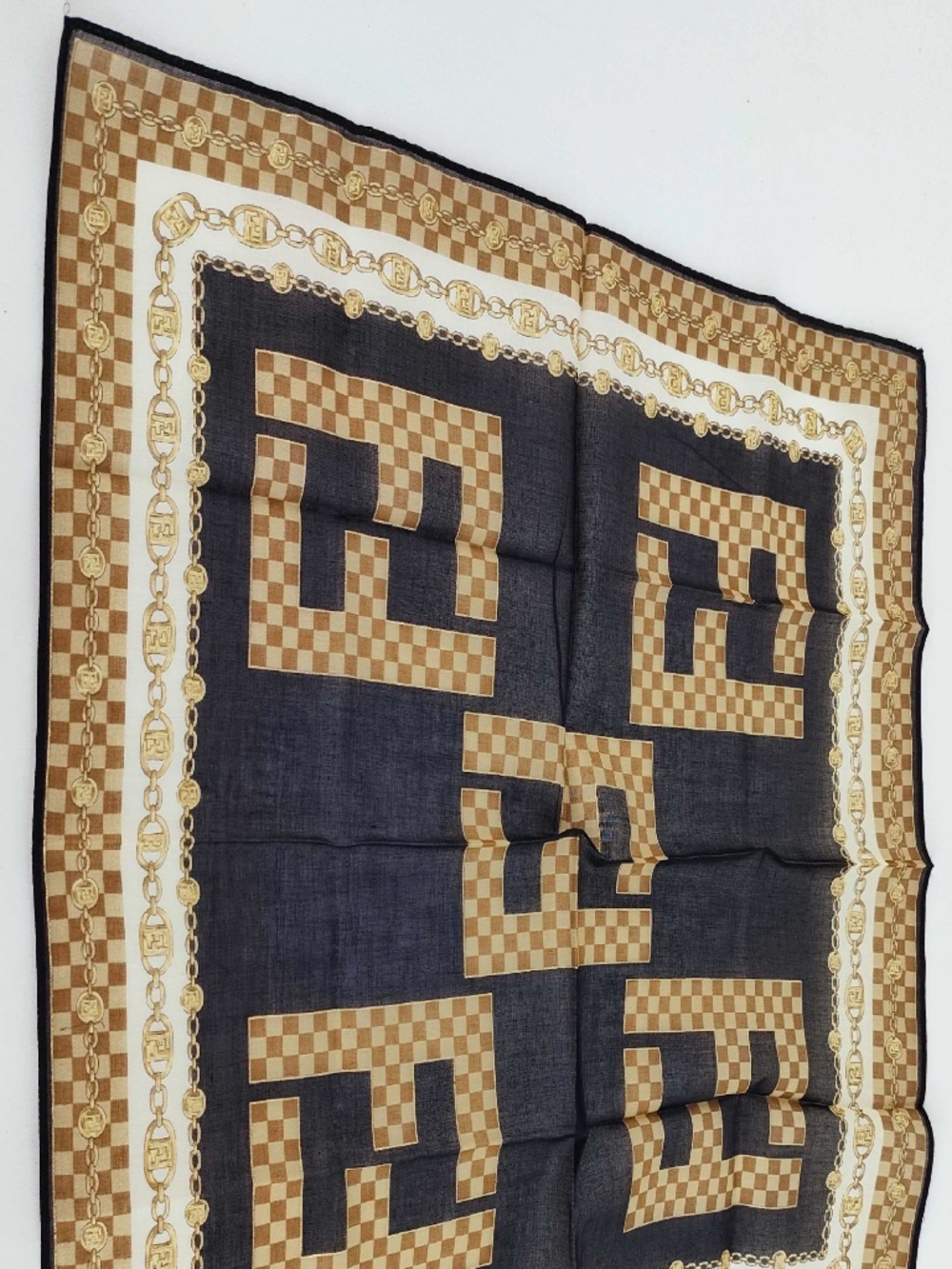 Fendi Vintage FF Logo Chain Print Silk Scarf Brown Black Beige